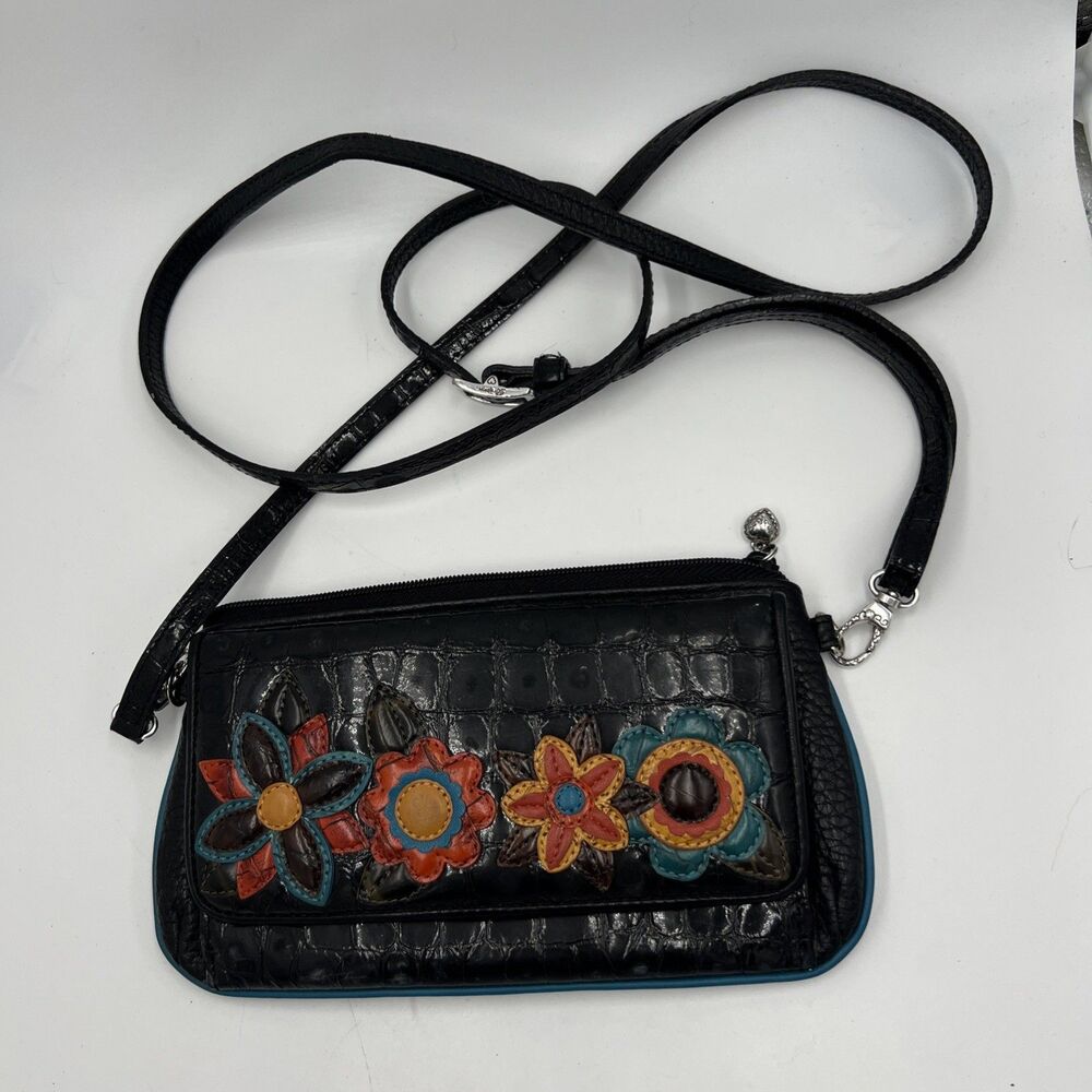 Brighton Flower Appliqué Croc Black Leather Shoulder/Crossbody Purse Bag RARE